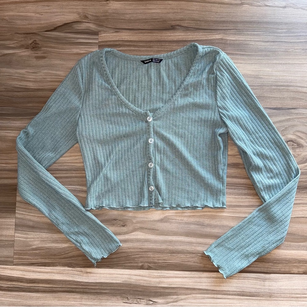 SHEIN Ribbed Button-Up Top in Light Green